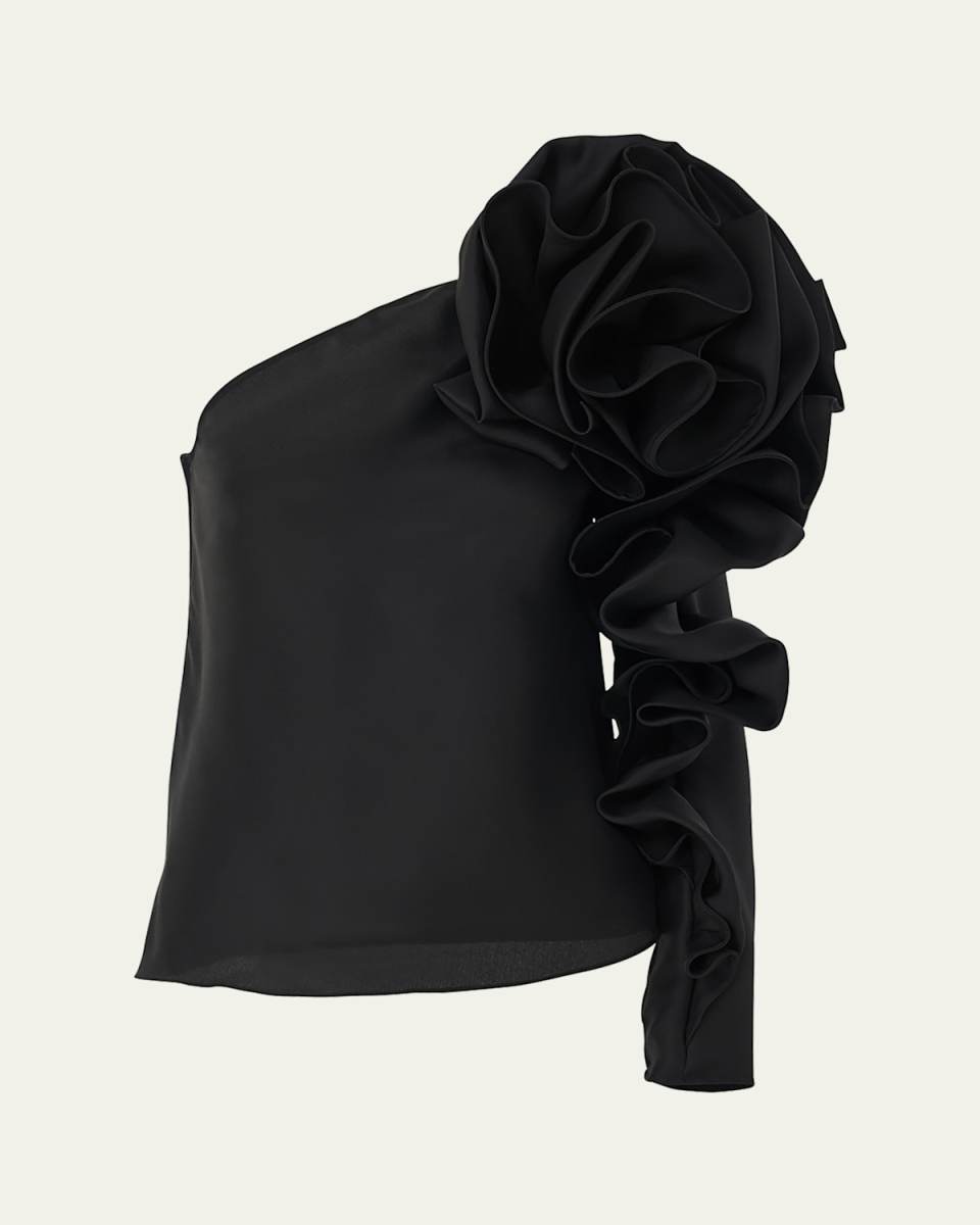 One-Shoulder Flower Sleeve Silk Top